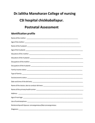 Post natal assessment format in community area