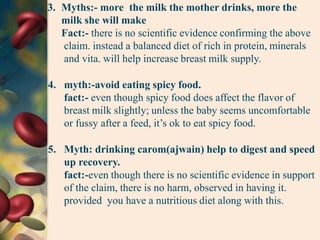 3. Myths:- more the milk the mother drinks, more the
milk she will make
Fact:- there is no scientific evidence confirming the above
claim. instead a balanced diet of rich in protein, minerals
and vita. will help increase breast milk supply.
4. myth:-avoid eating spicy food.
fact:- even though spicy food does affect the flavor of
breast milk slightly; unless the baby seems uncomfortable
or fussy after a feed, it’s ok to eat spicy food.
5. Myth: drinking carom(ajwain) help to digest and speed
up recovery.
fact:-even though there is no scientific evidence in support
of the claim, there is no harm, observed in having it.
provided you have a nutritious diet along with this.
 