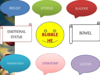 BREAST UTERUS BLADDER
EMOTIONAL
STATUS
BOWEL
HOMAN’SSIGN EPISIOTOMY LOCHIA
BUBBLE
HE
 