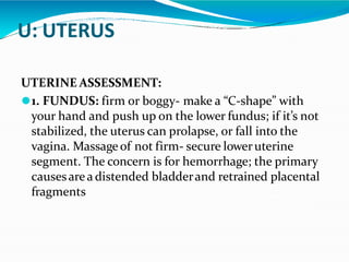 U: UTERUS
UTERINE ASSESSMENT:
⚫1. FUNDUS: firm or boggy- make a “C-shape” with
your hand and push up on the lower fundus; if it’s not
stabilized, the uterus can prolapse, or fall into the
vagina. Massageof not firm- secure loweruterine
segment. The concern is for hemorrhage; the primary
causesarea distended bladderand retrained placental
fragments
 