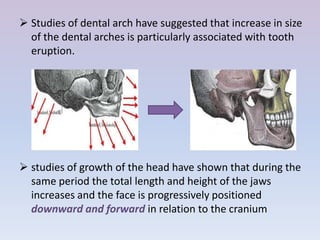  Studies of dental arch have suggested that increase in size
  of the dental arches is particularly associated with tooth
  eruption.




 studies of growth of the head have shown that during the
  same period the total length and height of the jaws
  increases and the face is progressively positioned
  downward and forward in relation to the cranium
 