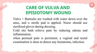 CARE OF VULVA AND
EPISIOTOMY WOUND
Vulva + Buttocks are washed with water down over the
anus, and a sterile pad is applied. Nurse should use
sterilized gloves during dressing.
Cold sitz bath relieve pain by reducing edema and
inflammation.
when perineal pain is persistent, a vaginal and rectal
examination is done to detect any hematoma, infection.
 