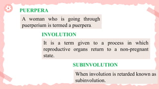 PUERPERA
INVOLUTION
SUBINVOLUTION
A woman who is going through
puerperium is termed a puerpera.
It is a term given to a process in which
reproductive organs return to a non-pregnant
state.
When involution is retarded known as
subinvolution.
 