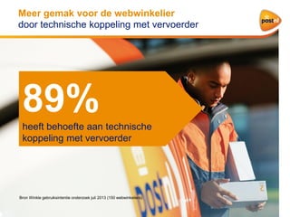 Meer gemak voor de webwinkelier
door technische koppeling met vervoerder

89%
heeft behoefte aan technische
koppeling met vervoerder

Bron Winkle gebruiksintentie onderzoek juli 2013 (150 webwinkeliers)

 