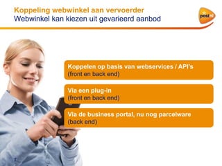 Koppeling webwinkel aan vervoerder
Webwinkel kan kiezen uit gevarieerd aanbod

Koppelen op basis van webservices / API’s
(front en back end)

Via een plug-in
(front en back end)
Via de business portal, nu nog parcelware
(back end)

7

 