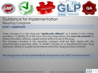 Guidance for implementation
  Reporting Categories
  Level I – Supplements


  These changes to a new drug are “significantly different” as it relates to the matters
  specified in C.08.003 (2) of the Food and Drug Regulations and have the potential to
  impact the safety, efficacy, quality and/or effective use of the drug.
  The changes included in this reporting category shall be filed, along with the
  recommended supporting data, to Health Canada as a Supplemental New Drug
  Submission (SNDS) or Supplemental Abbreviated New Drug Submission (SANDS).



  The change may not be implemented by the sponsor until a NOC has been issued!




                                                                                                                                        11
Professional Regulatory Affairs, Course Code: PRA 1008/1009, Sept. 2012   Academy of Applied Pharmaceutical Sciences, Toronto, Canada
 