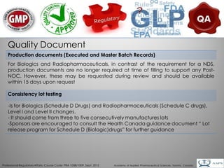 Quality Document
    Production documents (Executed and Master Batch Records)
    For Biologics and Radiopharmaceuticals, in contrast of the requirement for a NDS,
    production documents are no longer required at time of filling to support any Post-
    NOC. However, these may be requested during review and should be available
    within 15 days upon request

    Consistency lot testing

    -Is for Biologics (Schedule D Drugs) and Radiopharmaceuticals (Schedule C drugs),
    Level I and Level II changes.
    - It should come from three to five consecutively manufactures lots
    -Sponsors are encouraged to consult the Health Canada guidance document “ Lot
    release program for Schedule D (Biologic)drugs” for further guidance




                                                                                                                                        23
Professional Regulatory Affairs, Course Code: PRA 1008/1009, Sept. 2012   Academy of Applied Pharmaceutical Sciences, Toronto, Canada
 