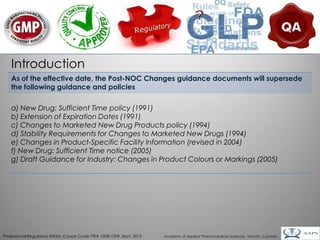 Introduction
    As of the effective date, the Post-NOC Changes guidance documents will supersede
    the following guidance and policies

    a) New Drug: Sufficient Time policy (1991)
    b) Extension of Expiration Dates (1991)
    c) Changes to Marketed New Drug Products policy (1994)
    d) Stability Requirements for Changes to Marketed New Drugs (1994)
    e) Changes in Product-Specific Facility Information (revised in 2004)
    f) New Drug: Sufficient Time notice (2005)
    g) Draft Guidance for Industry: Changes in Product Colours or Markings (2005)




                                                                                                                                        9
Professional Regulatory Affairs, Course Code: PRA 1008/1009, Sept. 2012   Academy of Applied Pharmaceutical Sciences, Toronto, Canada
 