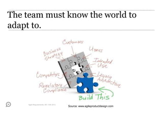 The team must know the world to
adapt to.




     Agile Requirements, NFI 15/6 2012
                                         Source: www.agileproductdesign.com
 