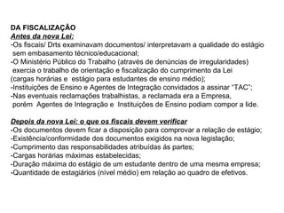 DA FISCALIZAÇÃO  Antes da nova Lei: Os fiscais/ Drts examinavam documentos/ interpretavam a qualidade do estágio sem embasamento técnico/educacional; -O Ministério Público do Trabalho (através de denúncias de irregularidades) exercia o trabalho de orientação e fiscalização do cumprimento da Lei (cargas horárias e  estágio para estudantes de ensino médio); -Instituições de Ensino e Agentes de Integração convidados a assinar “TAC”;  -Nas eventuais reclamações trabalhistas, a reclamada era a Empresa, porém  Agentes de Integração e  Instituições de Ensino podiam compor a lide. Depois da nova Lei: o que os fiscais devem verificar -Os documentos devem ficar a disposição para comprovar a relação de estágio; -Existência/conformidade dos documentos exigidos na nova legislação; -Cumprimento das responsabilidades atribuídas ás partes; -Cargas horárias máximas estabelecidas; -Duração máxima do estágio de um estudante dentro de uma mesma empresa; -Quantidade de estagiários (nível médio) em relação ao quadro de efetivos. 