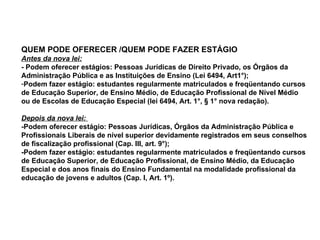 QUEM PODE OFERECER /QUEM PODE FAZER ESTÁGIO Antes da nova lei: - Podem oferecer estágios: Pessoas Jurídicas de Direito Privado, os Órgãos da Administração Pública e as Instituições de Ensino (Lei 6494, Art1°); Podem fazer estágio: estudantes regularmente matriculados e freqüentando cursos de Educação Superior, de Ensino Médio, de Educação Profissional de Nível Médio ou de Escolas de Educação Especial (lei 6494, Art. 1°, § 1° nova redação).  Depois da nova lei:  -Podem oferecer estágio: Pessoas Jurídicas, Órgãos da Administração Pública e Profissionais Liberais de nível superior devidamente registrados em seus conselhos de fiscalização profissional (Cap. III, art. 9°); -Podem fazer estágio: estudantes regularmente matriculados e freqüentando cursos de Educação Superior, de Educação Profissional, de Ensino Médio, da Educação Especial e dos anos finais do Ensino Fundamental na modalidade profissional da educação de jovens e adultos (Cap. I, Art. 1º). 