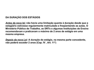 DA DURAÇÃO DOS ESTÁGIOS Antes da nova lei:  não havia uma limitação quanto à duração desde que o estagiário estivesse regularmente matriculado e freqüentando as aulas. O Ministério Público do Trabalho, as DRTs e algumas Instituições de Ensino recomendavam e praticavam o máximo de 2 anos de estágio em uma mesma empresa. Depois da nova Lei : A duração do estágio, na mesma parte concedente, não poderá exceder 2 anos (Cap. IV , Art. 11°) 