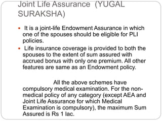 Joint Life Assurance (YUGAL 
SURAKSHA) 
 It is a joint-life Endowment Assurance in which 
one of the spouses should be eligible for PLI 
policies. 
 Life insurance coverage is provided to both the 
spouses to the extent of sum assured with 
accrued bonus with only one premium. All other 
features are same as an Endowment policy. 
All the above schemes have 
compulsory medical examination. For the non-medical 
policy of any category (except AEA and 
Joint Life Assurance for which Medical 
Examination is compulsory), the maximum Sum 
Assured is Rs 1 lac. 
 
