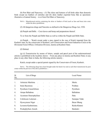 (b) Port Blair and Nancowry.- (1) The skins and features of all birds other than domestic
birds except (a) feathers of ostriches and (b) skins feather exported bona fide as specimens
illustrative of natural history – to or from Port Blair or Nancowry.
NOTE :- Manufactured articles containing the skins or feathers of bird (such as fans and boas) also come
within the above prohibition.
(2) All dangerous drugs and Narcotics as defined in the Dangerous Drugs Act, 1930.
(d) Punjab and Delhi. – Coca leaves and hemp and preparations thereof.
To or from the Punjab and Delhi State as well as within the Punjab and Delhi State.
(e) Punjab. – “Kutch except under a pass signed in the case of Kutch imported from the
Kashmir state, by the conservator of Kashmir, soil Conservation and Forest Industries Circle or the
Divisional Forest Officer, Utilisation Division, Jammu ad Kashmir State.
(f) Deleted.
(g) (i) Transmission by means of letters, sample and parcel post of the undermentioned
articles is prohibited in the localities shown – From any place in Jammu and Kashmir State; to any
place in any other State in India, the following articles namely ;
Kutch, except under a special permit signed by the Conservator of Forest, Kashmir.
NOTE:- The following drugs have been brought under the Kutch Act and as such their transmission by post
comes within the purview of the above prohibition :-
Sl. List of Drugs Local Name
No.
1. Artimisia Maritima . . . . . . Morin.
2. Inula Bacemosa . . . . . . Poshkar.
3. Pyrethum Cinearifolium . . . . . Pyrethum
4. Atropa Belladona . . . . . . Bellodona
5. Aconitum Heterophyllum . . . . . Patis
6. Colchicum Lutterum . . . . . . Suranjan Talak
7. Hyoscymous Niger . . . . . . Bazar Bhang
8. Lavatora Kashmiriana . . . . . . Resha Khatmi
9. Prodophyllum Amodi . . . . . . Bankakri
 