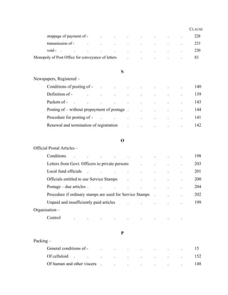 CLAUSE
stoppage of payment of - . . . . . . . 228
transmission of - . . . . . . . . 233
void - . . . . . . . . . . 230
Monopoly of Post Office for conveyance of letters . . . . . 83
N
Newspapers, Registered –
Conditions of posting of - . . . . . . . 140
Definition of - . . . . . . . . 139
Packets of - . . . . . . . . . 143
Posting of – without prepayment of postage . . . . . 144
Procedure for posting of - . . . . . . . 141
Renewal and termination of registration . . . . . 142
O
Official Postal Articles –
Conditions . . . . . . . . . 198
Letters from Govt. Officers to private persons . . . . 203
Local fund officials . . . . . . . . 201
Officials entitled to use Service Stamps . . . . . 200
Postage – due articles . . . . . . . . 204
Procedure if ordinary stamps are used for Service Stamps . . . 202
Unpaid and insufficiently paid articles . . . . . 199
Organisation –
Control . . . . . . . . .
P
Packing –
General conditions of - . . . . . . . 15
Of celluloid . . . . . . . . . 152
Of human and other viscera . . . . . . . 148
 