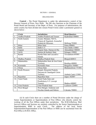 SECTION I – GENERAL
ORGANISATION
Control – The Postal Department is under the administrative control of the
Director General of Posts, New Delhi. The DG also functions as the Chairman of the
Postal Board and Secretary of the Deptt. of Posts. For purposes of administration, the
entire country has been divided into sixteen Postal Circles under a postmaster general as
shown below :
Circle Jurisdiction Head Quarters
1. Andhra Pradesh Andhra Pradesh and Yanam Hyderabad-500001
2. North Eastern Assam, Manipur, NEFA,
Tripura & Nagaland, Arunachal
Pradesh & Mizoram. Shillong-793001
3. Bihar Bihar State Patna-800001
4. Delhi Delhi U.T. New Delhi-110001
5. Gujarat Gujarat State, Daman & Diu Ahmedabad-380020
6. J & K Jammu & Kashmir State Srinagar-190001
7. Kerala Kerala State and Laccadive
Islands.
Trivandrum-695001
8. Madhya Pradesh Madhya Pradesh State Bhopal-460012
9. Maharashtra Maharashtra State & Goa Union
Territory Bombay-400001
10. Karnataka Karnataka State Bangalore-560001
11. Orissa Orissa State Bhubaneshwar-751001
12 North Western Punjab, Himachal Pradesh,
Haryana & Chandigarh Union
Territory. Ambala Cantt-133001
13. Rajasthan Rajasthan State Jaipur-302007
14. Tamil Nadu Tamil Nadu State and
Pondicherry U.T. (except
Yanam) Madras-600002
15. Uttar Pradesh Uttar Pradesh State Lucknow-226001
16. West Bengal West Bengal, Andaman and
Nicobar Islands and Sikkim Calcutta-700001.
(ii) In each Circle there are a number of Postal Divisions under the charge of
Senior Superintendents or Superintendents of Post Offices who directly control the
working of all the Post Offices under their jurisdiction. The R.M.S.(Railway Mail
Service) Offices and Sections are similarly controlled by the Senior Superintendents or
Superintendents RMS in each Circle. The address of the local Senior
Superintendent/Superintendent of the Post Offices or RMS can be ascertained from the
Post Office or R.M.S. Office.
 
