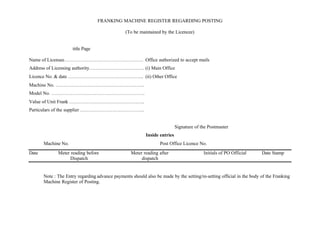 FRANKING MACHINE REGISTER REGARDING POSTING
(To be maintained by the Licencee)
title Page
Name of Licensee…………………………………………. Office authorized to accept mails
Address of Licensing authority……………………………. (i) Main Office
Licence No. & date ……………………………………….. (ii) Other Office
Machine No. ……………………………………………….
Model No. ………………………………………………….
Value of Unit Frank ………………………………………..
Particulars of the supplier ………………………………….
Signature of the Postmaster
Inside entries
Machine No. Post Office Licence No.
Date Meter reading before Meter reading after Initials of PO Official Date Stamp
Dispatch dispatch
Note : The Entry regarding advance payments should also be made by the setting/re-setting official in the body of the Franking
Machine Register of Posting.
 
