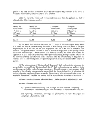 proofs of the card, envelope or wrapper should be forwarded to the postmaster of the office to
which the business reply correspondence is to be returned.
(2) (i) The fee for the permit shall be recovered in advance from the applicant and shall be
charged at the following rates, namely :-
During the During the During the During the
First Quarter Second quarter Third quarter Fourth quarter
1st
April to Ist July to Ist Oct. to 1st
January to
30th
June 30th
Sept. 31st
Dec. 31st
March
(1) (2) (3) (4)
Rs.100 Rs. 75 Rs.50 Rs.25
(ii) The permit shall remain in force upto the 31st
March of the financial year during which
it is issued but may be renewed during the month of March every year for a period of one year
beginning on the 1st
of April, of that year on payment of a fee of Rs. 100 in respect of each
renewal. The permit shall be cancelled if there is default in the payment of the postage due on
such cards and envelopes. When renewal of a permit is desired, the holder must submit his
application in good time before the expiry of the period of currency, failing which his articles will
be treated as ordinary unpaid articles of the letter mail after the date of expiry of the permit and
until the issue of a new fresh permit. No period of grace will in any case be allowed for renewal of
permit.
(3) The minimum size of “Business Reply Envelopes” shall conform to the minimum size
prescribed for covers of letter “Business Reply Cards” shall conform in size and quality with the
conditions prescribed for cards of private manufacture. The address side of each such card which
must be of the following pattern must be reserved fully for the particulars given in sub-clause (4)
and the other side may be used by the sender for the purpose of written communication, or may be
otherwise disposed off : provided that nothing shall be attached to any side of such card except :-
(a) in the case of address side, a Business Reply Label referred to in Sub-clause (4); and
(b) in the case of the other side –
(i) a gummed label not exceeding 5 cm. in length and 2 cm. in width. Completely
adherent to the card and bearing the name and address of the sender of the card; and
(ii) engravings, illustrations, drawings and photographs on very thin paper and
completely adherent to the card.
 