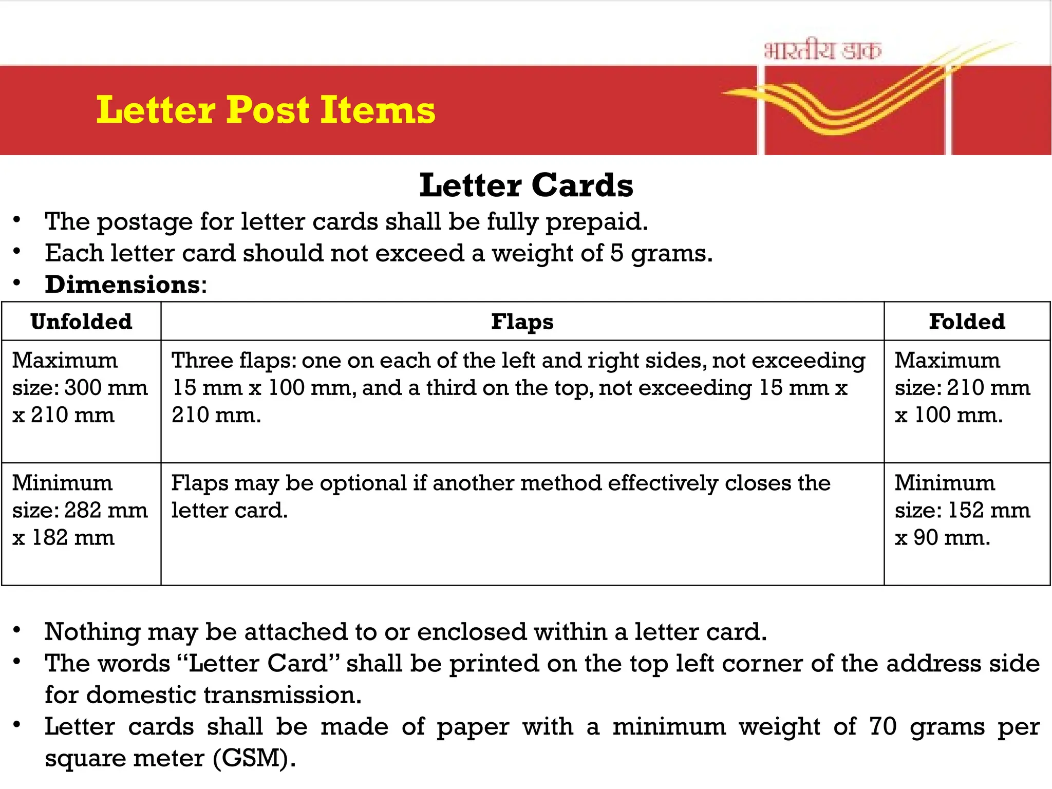 Letter Cards
• The postage for letter cards shall be fully prepaid.
• Each letter card should not exceed a weight of 5 grams.
• Dimensions:
• Nothing may be attached to or enclosed within a letter card.
• The words “Letter Card” shall be printed on the top left corner of the address side
for domestic transmission.
• Letter cards shall be made of paper with a minimum weight of 70 grams per
square meter (GSM).
Letter Post Items
Unfolded Flaps Folded
Maximum
size: 300 mm
x 210 mm
Three flaps: one on each of the left and right sides, not exceeding
15 mm x 100 mm, and a third on the top, not exceeding 15 mm x
210 mm.
Maximum
size: 210 mm
x 100 mm.
Minimum
size: 282 mm
x 182 mm
Flaps may be optional if another method effectively closes the
letter card.
Minimum
size: 152 mm
x 90 mm.
 