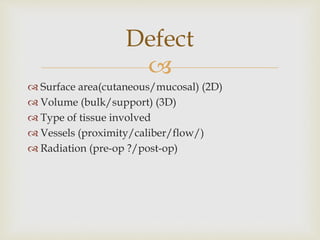 Defect 
 
 Surface area(cutaneous/mucosal) (2D) 
 Volume (bulk/support) (3D) 
 Type of tissue involved 
 Vessels (proximity/caliber/flow/) 
 Radiation (pre-op ?/post-op) 
 