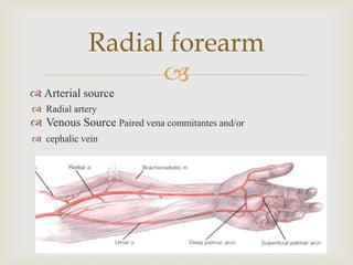 Radial forearm 
 
 Arterial source 
 Radial artery 
 Venous Source Paired vena commitantes and/or 
 cephalic vein 
 
