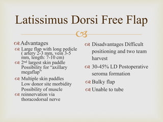 Latissimus Dorsi Free Flap 
 
Advantages 
 Large flap with long pedicle 
( artery 2-3 mm, vein 3-5 
mm, length: 7-10 cm) 
 2nd largest skin paddle 
Possibility for “axillary 
megaflap” 
 Multiple skin paddles 
Low donor site morbidity 
Possibility of muscle 
 reinnervation via 
thoracodorsal nerve 
 Disadvantages Difficult 
positioning and two team 
harvest 
 30-45% LD Postoperative 
seroma formation 
 Bulky flap 
 Unable to tube 
 