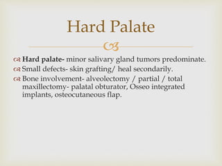 Hard Palate 
 
 Hard palate- minor salivary gland tumors predominate. 
 Small defects- skin grafting/ heal secondarily. 
 Bone involvement- alveolectomy / partial / total 
maxillectomy- palatal obturator, Osseo integrated 
implants, osteocutaneous flap. 
 