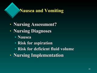 Nausea and Vomiting Nursing Assessment? Nursing Diagnoses Nausea Risk for aspiration Risk for deficient fluid volume Nursing Implementation 
