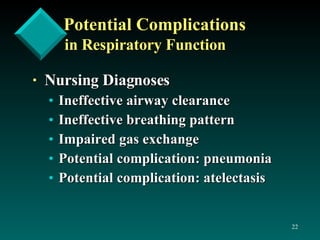 Potential Complications  in Respiratory Function Nursing Diagnoses Ineffective airway clearance Ineffective breathing pattern Impaired gas exchange Potential complication: pneumonia Potential complication: atelectasis 