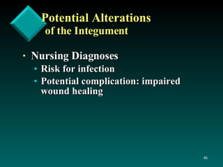 Potential Alterations   of the Integument Nursing Diagnoses Risk for infection Potential complication: impaired wound healing 