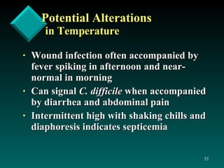 Potential Alterations in Temperature Wound infection often accompanied by fever spiking in afternoon and near-normal in morning Can signal  C. difficile  when accompanied by diarrhea and abdominal pain Intermittent high with shaking chills and diaphoresis indicates septicemia 