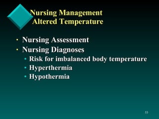 Nursing Management Altered Temperature Nursing Assessment Nursing Diagnoses Risk for imbalanced body temperature Hyperthermia Hypothermia 