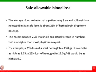 © Ramaiah University of Applied Sciences
19
Faculty of Dental Sciences
Safe allowable blood loss
• The average blood volume that a patient may lose and still maintain
hemoglobin at a safe level is about 25% of hemoglobin drop from
baseline.
• This recommended 25% threshold can actually result in numbers
that are higher than most physicians expect.
• For example, a 25% loss of a start hemoglobin 13.0 g/ dL would be
as high as 9.75; a 25% loss of hemoglobin 12.0 g/ dL would be as
high as 9.0
 