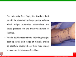 © Ramaiah University of Applied Sciences
25
Faculty of Dental Sciences
• For extremity free ﬂaps, the involved limb
should be elevated to help control edema,
which might otherwise accumulate and
cause pressure on the microvasculature of
the ﬂap.
• Finally, activity restrictions, including weight-
bearing status and range of motion, should
be carefully reviewed, as they may impact
pressure or tension on a free ﬂap.
 