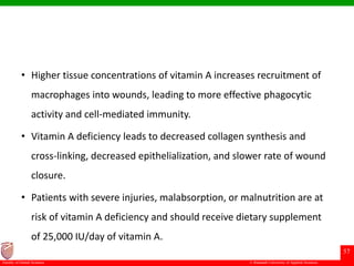 © Ramaiah University of Applied Sciences
57
Faculty of Dental Sciences
• Higher tissue concentrations of vitamin A increases recruitment of
macrophages into wounds, leading to more effective phagocytic
activity and cell-mediated immunity.
• Vitamin A deficiency leads to decreased collagen synthesis and
cross-linking, decreased epithelialization, and slower rate of wound
closure.
• Patients with severe injuries, malabsorption, or malnutrition are at
risk of vitamin A deficiency and should receive dietary supplement
of 25,000 IU/day of vitamin A.
 