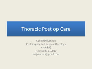 Thoracic Post op Care
Col (Dr)N Kannan
Prof Surgery and Surgical Oncology
AH(R&R)
New Delhi 110010
majkannan@gmail.com

 