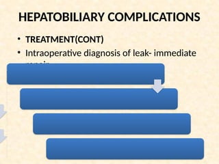 HEPATOBILIARY COMPLICATIONS
• TREATMENT(CONT)
• Intraoperative diagnosis of leak- immediate
repair
A
n
a
c
c
e
s
s
o
r
y
d
u
c
t
l
i
g
a
t
e
d
H
i
g
h
i
n
j
u
r
y
c
a
n
b
e
r
e
p
a
i
r
e
d
w
i
t
h
a
r
o
u
e
x
-
e
n
-
Y
b
i
l
i
a
r
y
e
n
t
e
r
i
c
a
n
a
s
t
o
m
o
s
i
s
 