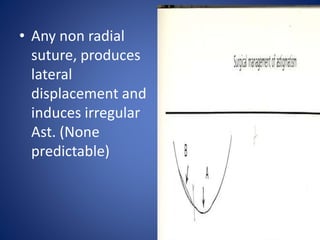 • Any non radial
suture, produces
lateral
displacement and
induces irregular
Ast. (None
predictable)
 