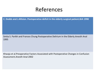 References
C. Dodds and J.Allision. Postoperative deficit in the elderly surgical patient.BJA 1998
Smita S. Parikh and Frances Chung.Postoperative Delirium in the Elderly.Anesth Anal
1995
Khwaja et al.Preoperative Factors Associated with Postoperative Changes in Confusion
Assessment.Anesth Anal 2002
 