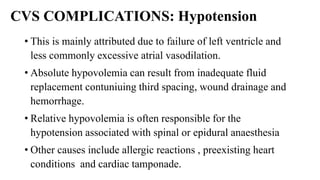 CVS COMPLICATIONS: Hypotension
• This is mainly attributed due to failure of left ventricle and
less commonly excessive atrial vasodilation.
• Absolute hypovolemia can result from inadequate fluid
replacement contuniuing third spacing, wound drainage and
hemorrhage.
• Relative hypovolemia is often responsible for the
hypotension associated with spinal or epidural anaesthesia
• Other causes include allergic reactions , preexisting heart
conditions and cardiac tamponade.
 