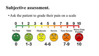 Subjective assessment.
•Ask the patient to grade their pain on a scale
 