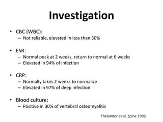 InvestigationCBC (WBC):Not reliable, elevated in less than 50%ESR:Normal peak at 2 weeks, return to normal at 6 weeksElevated in 94% of infectionCRP:Normally takes 2 weeks to normalizeElevated in 97% of deep infectionBlood culture: Positive in 30% of vertebral osteomyelitisThelander et al, Spine 1992