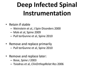 Deep Infected Spinal InstrumentationRetain if stableWeinstein et al, J Spin Disorders 2000Mok et al, Spine 2009Pull terGunne et al, Spine 2010Remove and replace primarilyPull terGunne et al, Spine 2010Remove and replace later:Bose, Spine J 2003Tsiodras et al, ClinOrthopRelat Res 2006