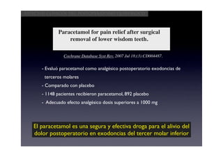 Aspectos clínicos del postoperatorio quirúrgico



              Paracetamol for pain relief after surgical
                  removal of lower wisdom teeth.

                Cochrane Database Syst Rev. 2007 Jul 18;(3):CD004487.

      - Evaluó paracetamol como analgésico postoperatorio exodoncias de
       terceros molares
      - Comparado con placebo
      - 1148 pacientes recibieron paracetamol, 892 placebo
      - Adecuado efecto analgésico dosis superiores a 1000 mg



   El paracetamol es una segura y efectiva droga para el alivio del
   dolor postoperatorio en exodoncias del tercer molar inferior
 