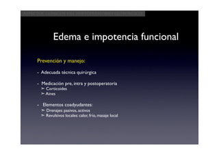 Aspectos clínicos del postoperatorio quirúrgico




             Edema e impotencia funcional

     Prevención y manejo:

     - Adecuada técnica quirúrgica

     - Medicación pre, intra y postoperatoria
      ➣ Corticoides
      ➣ Aines

     - Elementos coadyudantes:
      ➣ Drenajes: pasivos, activos
      ➣ Revulsivos locales: calor, frío, masaje local
 