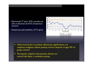 Aspectos clínicos del postoperatorio quirúrgico




- Disminución Tº piel a 16ºC, coincide con
  sólo un descenso de 0.5ºC temperatura
  intraoral

- Temperatura piel estabiliza a 21ºC aprox.




    ➣ Hielo local facial no produjo diferencias signiﬁcativas con
      respecto: analgesia, edema postop, trismus después cirugía 3M v/s
      grupo control
    ➣ Percepción subjetiva del paciente, eﬁcacia en:
      control del dolor y molestias postop.
 