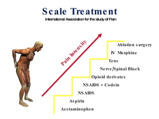   Ablation surgery   IV  Morphine   Tens   Nerve/Spinal Block   Opioid derivates   NSAIDS + Codein   NSAIDS Aspirin Acetaminophen Pain Intensity  Scale Treatment International Association for the study of Pain  