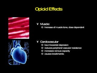 Muscle:  Increase of muscle tone, dose dependent Cardiovascular low miocardial depresion reduces peripheral vascular resistance increases venous capacity causes bradichardia Opioid Effects 