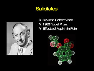 Salicilates  Sir John Robert Vane 1982 Nobel Prize Effects of Aspirin in Pain 