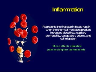 Inflammation Represents the first step in tissue repair, when the chemical mediators produce increased blood flow, capillary permeability, coagulation, edema, and cell migration These effects stimulate pain nociceptors permanently 